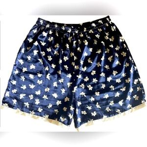 Floral Print Satin Women's Sleep Shorts - Navy and White. Size Medium
